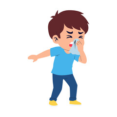 Boy with cold wipes nose with tissue, cartoon