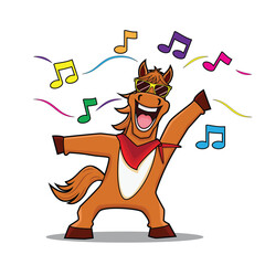 Illustration vector cartoon of colorful funny smiling horse with sunglasses in step dancing action
