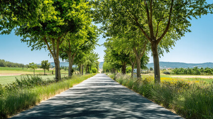 European Countryside Road. Scenic Horizontal View of Straight Asphalt Road Lined Symmetrically with Green Trees, Casting Shadows and Leading Towards the Horizon in Summer Travel and Nature Concept