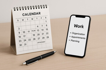 Desk with calendar, smartphone displaying work tasks, and a pen for planning and organization