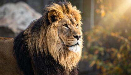 Majestic lion, with a golden mane, gazing towards the right against a natural, sunlit backdrop