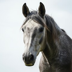 Horse gazes intently at the viewer in a pasture
