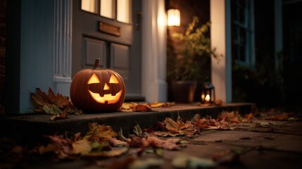 Obraz premium Glowing Pumpkin Lantern on Doorstep Surrounded by Autumn Leaves and Candlelight Glow