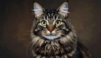 Majestic Maine Coon cat with striking green eyes and a textured, brown and black coat stares intensely