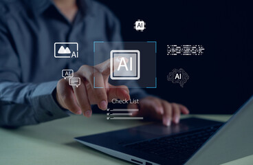 Artificial intelligence technology concept showing a person using a laptop and touching a virtual AI interface with holographic icons representing innovation, automation, digital data transformation.