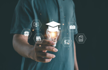 Creative education concept with glowing light bulb and graduation cap representing digital learning, AI innovation, and smart knowledge for modern academic and technology development.
