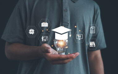 Education innovation concept with a glowing light bulb and graduation cap symbolizing AI learning, digital knowledge, and creative education for modern technology-driven development.