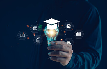 Innovation in education concept with light bulb and graduation cap symbolizing e-learning, AI technology, digital knowledge, and creative learning for modern educational development.