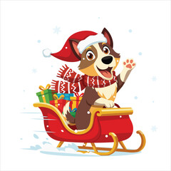 Cheerful Dog in Christmas Costume Driving Sleigh Full of Gifts in Snowy Scene