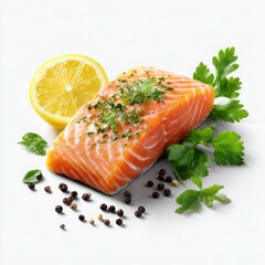Fresh salmon fillet with lemon and parsley isolated on white background