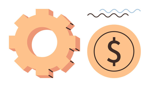 Gear alongside dollar coin symbolizing productivity, financial growth, and economic concepts. Ideal for business, finance, investment, economics, budgeting savings operation management. Simple flat