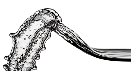 A dynamic stream of clear water arches gracefully against a pristine transparent background, isolated on transparent background the fluid motion is captured in stunning detail, showcasing the transpar