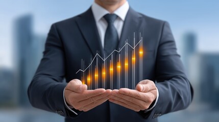 Financial success concept with a businessman holding a rising graph of business growth and investment