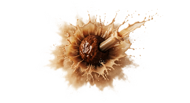 Chocolate ball exploding with liquid chocolate isolated on transparent background decadent and dynamic image capturing the rich and intense flavor of chocolate in a visually stunning display