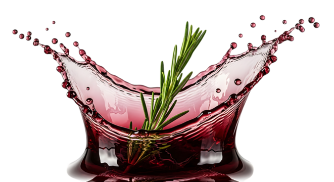 A vibrant splash of red wine with a sprig of rosemary, isolated on transparent background, creating a dynamic crown shape as it impacts the surface, showcasing the beauty of liquid motion and herbal i