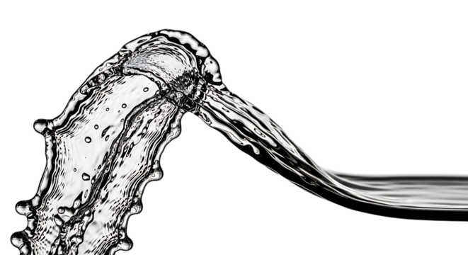 A dynamic stream of clear water arches gracefully against a pristine transparent background, isolated on transparent background the fluid motion is captured in stunning detail, showcasing the transpar