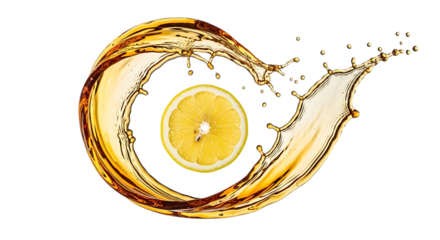 A vibrant lemon slice is encircled by a dynamic splash of golden liquid, creating a refreshing and energetic composition isolated on transparent background the citrus fruits bright color contrasts bea
