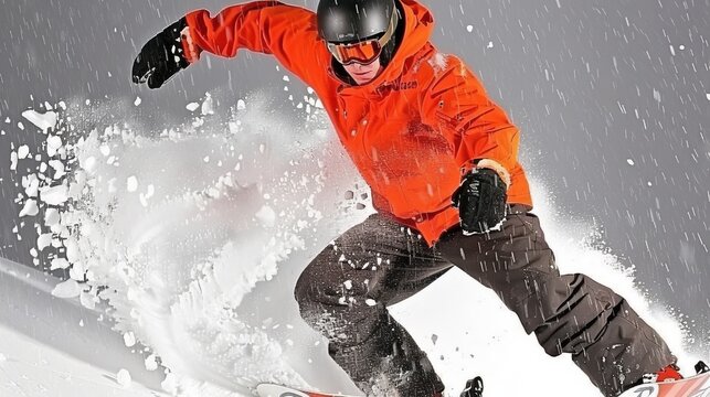 A snowboarder expertly carves through the fresh snow while it visibly falls around them, showcasing the thrill of winter sports and the beautiful, serene atmosphere of snowy landscapes.