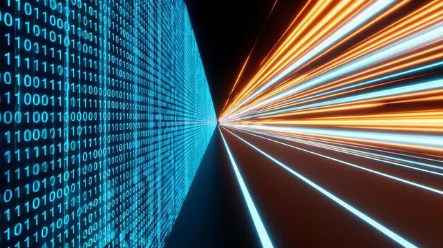 Abstract digital data stream with binary code and light streaks - Powered by Adobe