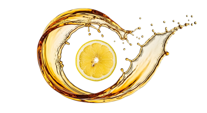 A vibrant lemon slice is encircled by a dynamic splash of golden liquid, creating a refreshing and energetic composition isolated on transparent background the citrus fruits bright color contrasts bea