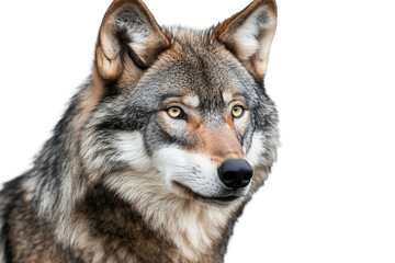 Obraz premium Close up of a gray wolf showcasing its striking features and gaze against a neutral background, highlighting its beauty and wild nature