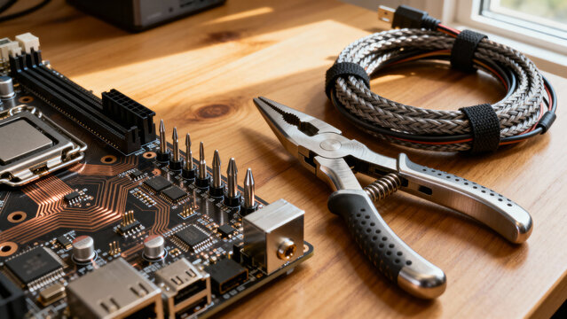 Computer engineer tools on wooden table with motherboard and cables  