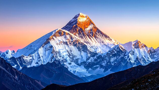 Majestic mountain peak highlighted by sunrise, surrounded by snow and shadowed valleys under a clear sky