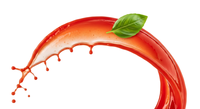 Tomato juice splash with basil leaf isolated on transparent background, showcasing the freshness and natural goodness of the ingredient, creating a vibrant and appetizing visual representation of flav