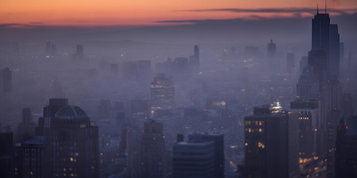Urban skyline at dawn with cityscape shrouded in fog creating a serene and atmospheric scene highlighting the architectural beauty of skyscrapers under a soft colorful sky