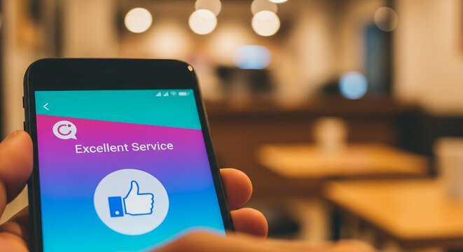 Excellent service feedback app on mobile phone for improved customer experience and satisfaction, showcasing positive online reviews for business growth - Powered by Adobe