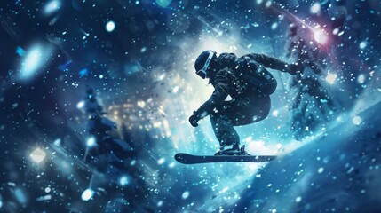 This dynamic shot captures a snowboarder as they leap off a snow-covered slope amidst falling snow, showcasing their athleticism and the thrill of winter sports in a stunning snowy landscape.