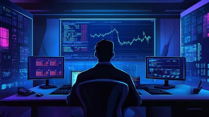 Financial trader monitoring stock market data in digital office - Powered by Adobe