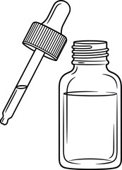 Dropper bottle line drawing, medical container vector, essential oil dispenser, pharmacy tool illustration, chemistry equipment, healthcare symbol, flat design artwork