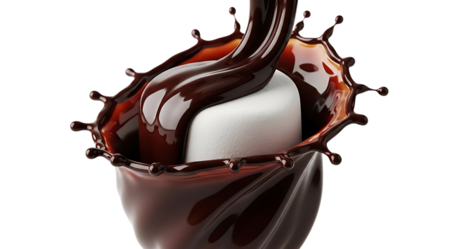A decadent dark chocolate sauce cascading over a white marshmallow, creating a visually appealing splash, isolated on transparent background the contrast of colors and textures evokes indulgence and s