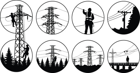 Electricity workers silhouettes in circular frames, power line maintenance, transmission tower inspection, utility pole climbing, black and white cad vector illustration