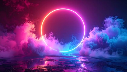 Glowing neon circle surrounded by clouds of smoke on a reflective surface. Pink and blue lighting effects