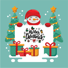 Christmas card set with Santa Claus, tree, gift box, snowman, and snowflake illustration for the winter holiday season