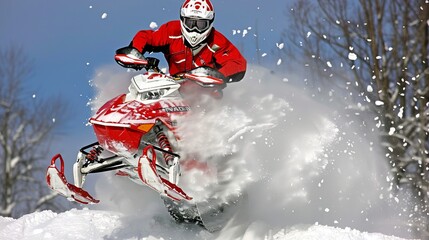 This image showcases a snowmobile mid-air as it leaps off a snowy hill, capturing the exhilarating action and thrill of winter sports while surrounded by a picturesque snowy environment.