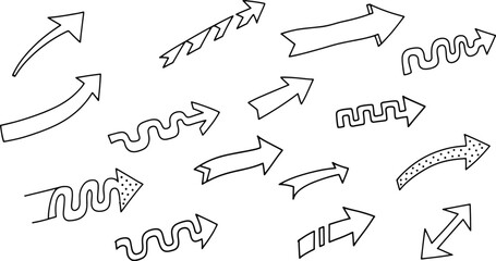 Hand drawn arrow collection, sketch style vector illustration, decorative arrows set, doodle design elements, creative direction symbols, graphic art icons
