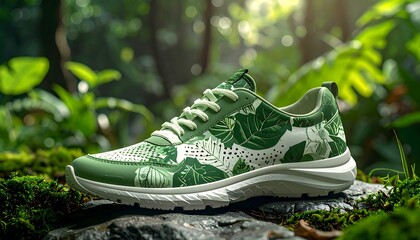 Green shoe with leaf pattern on mossy rock with lush forest background