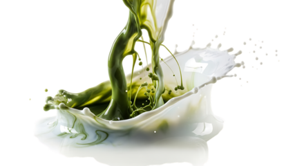 A vibrant splash of green paint colliding with white liquid, creating a dynamic and artistic display isolated on transparent background the contrasting colors and textures create a visually striking i