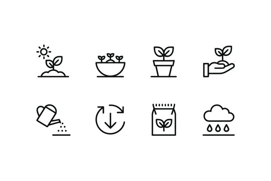 Collection of simple line icons representing plant growth and care.
