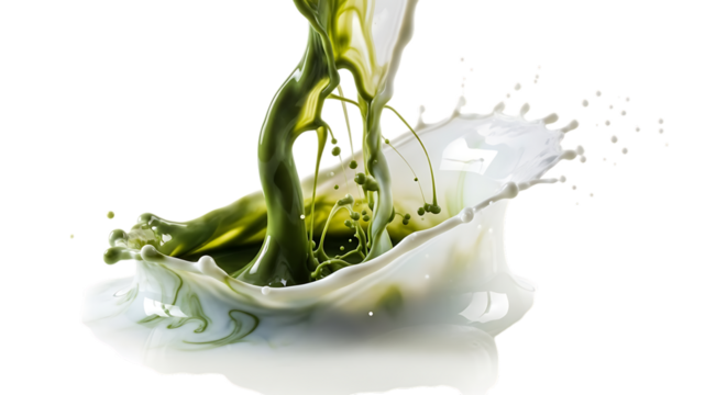 A vibrant splash of green paint colliding with white liquid, creating a dynamic and artistic display isolated on transparent background the contrasting colors and textures create a visually striking i