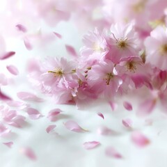 Soft focus pink cherry blossoms and petals falling isolated on white background
