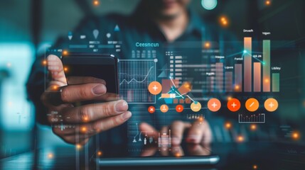 Businessman uses a mobile smartphone to transfer data to a digital network