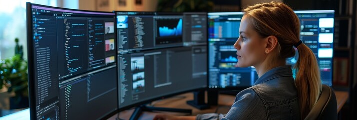 A woman works as an operator specialist in a computer data center in front of many monitors with charts and data
