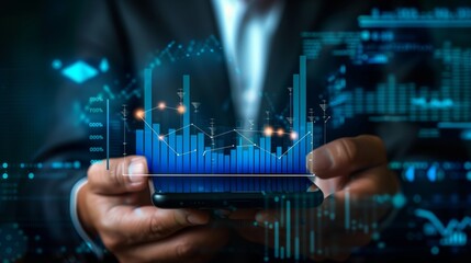 Businessman uses a mobile smartphone to transfer data to a digital network