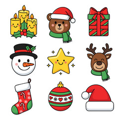Adorable Kawaii Christmas Icon Collection with Cute Characters and Festive Elements.