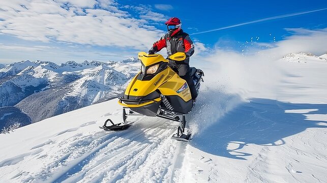 A snowmobile rider skillfully zooms across a high-altitude snowy surface, surrounded by breathtaking mountain views, perfectly illustrating the spirit of adventure and exploration in winter.