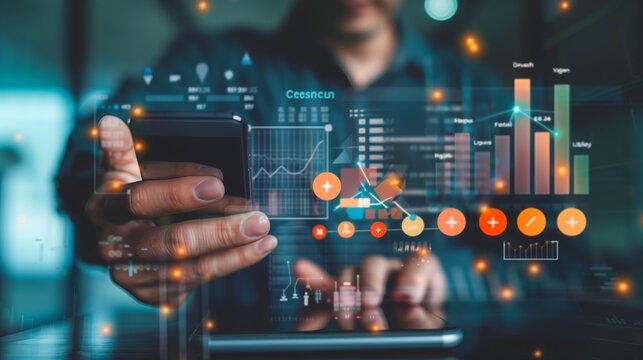 Businessman uses a mobile smartphone to transfer data to a digital network